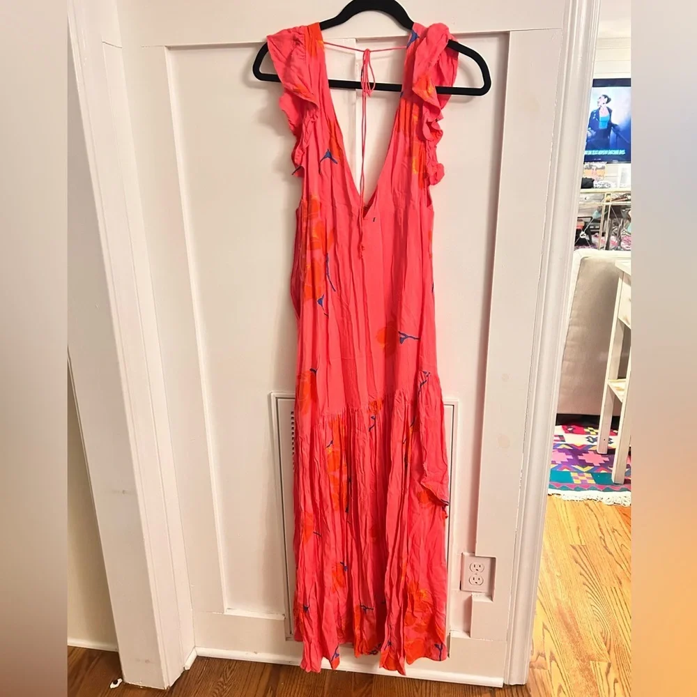 Free People She's A Waterfall Hot Pink Floral Print Ruffled Maxi Dress size 0 - Picture 7 of 7